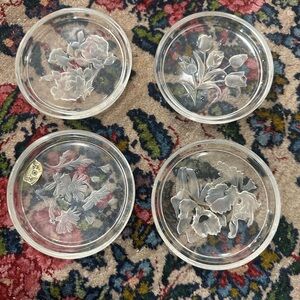 Set of Four Clear Glass Floral Coasters